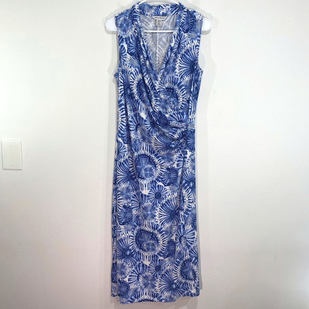Tommy Bahama Blue & White Floral Faux-Wrap Midi Dress
